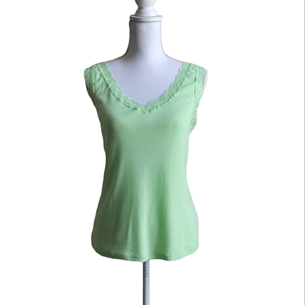 Chaps Green Lace Cotton V-Neck Tank Top Large